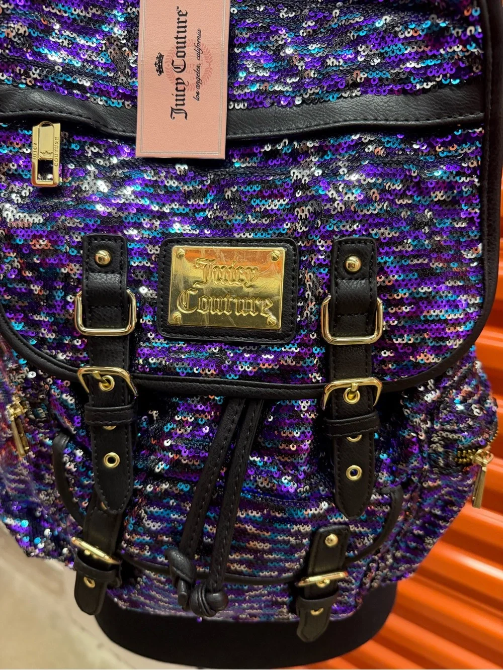 NWT Juicy Couture Purple Sequin Backpack with Black Trim and Gold Hardware